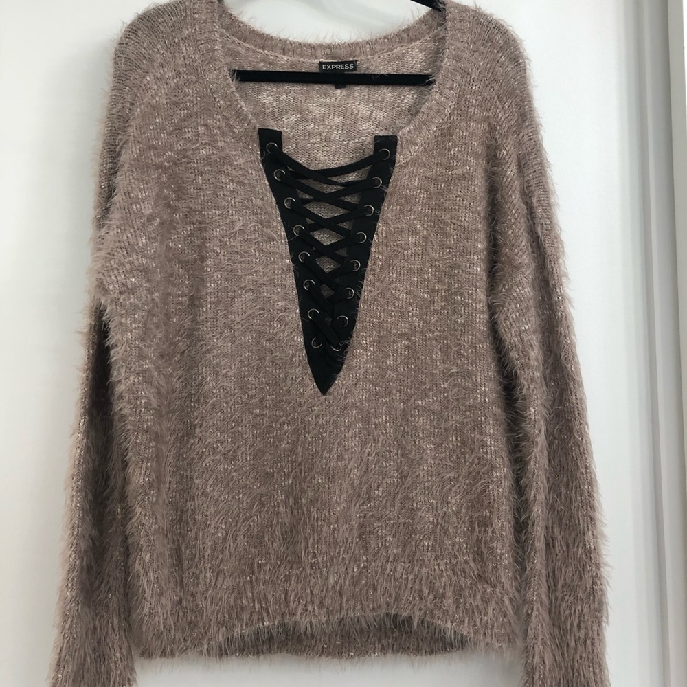 Furry Sweater With Front Criss Cross Detail